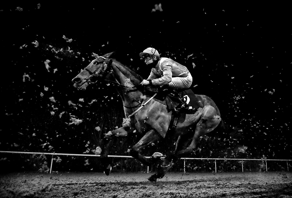 Džokej Čarls Bišop jaše na trkačkom konju Goring na hipodromu u Vulverhemptonu